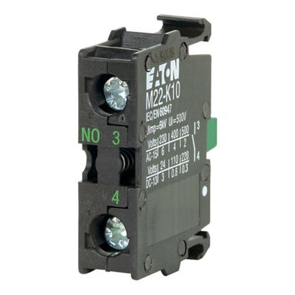 Eaton M22-K10 Contact Block, 22.5 mm, Front, Screw, Button: Black, NO, IP66, NEMA 4X, 13