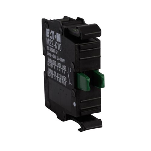 Eaton M22-K10 Contact Block, 22.5 mm, Front, Screw, Button: Black, NO, IP66, NEMA 4X, 13